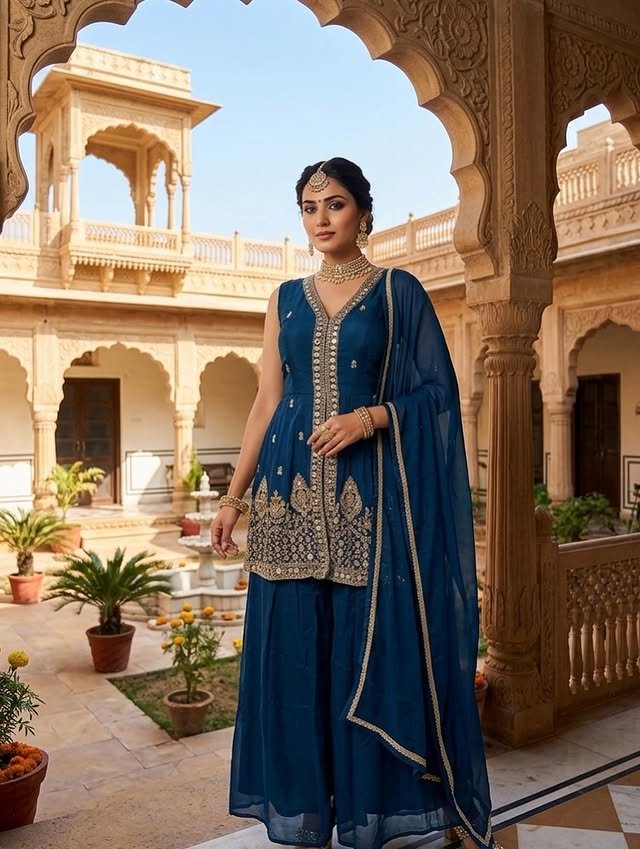 Rajshri Fashions Peach Silk Festive Sharara Suit